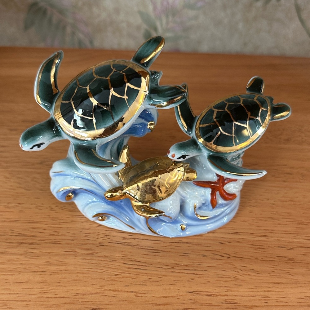 Ceramic Sea Turtle Figurine with Gold Accents